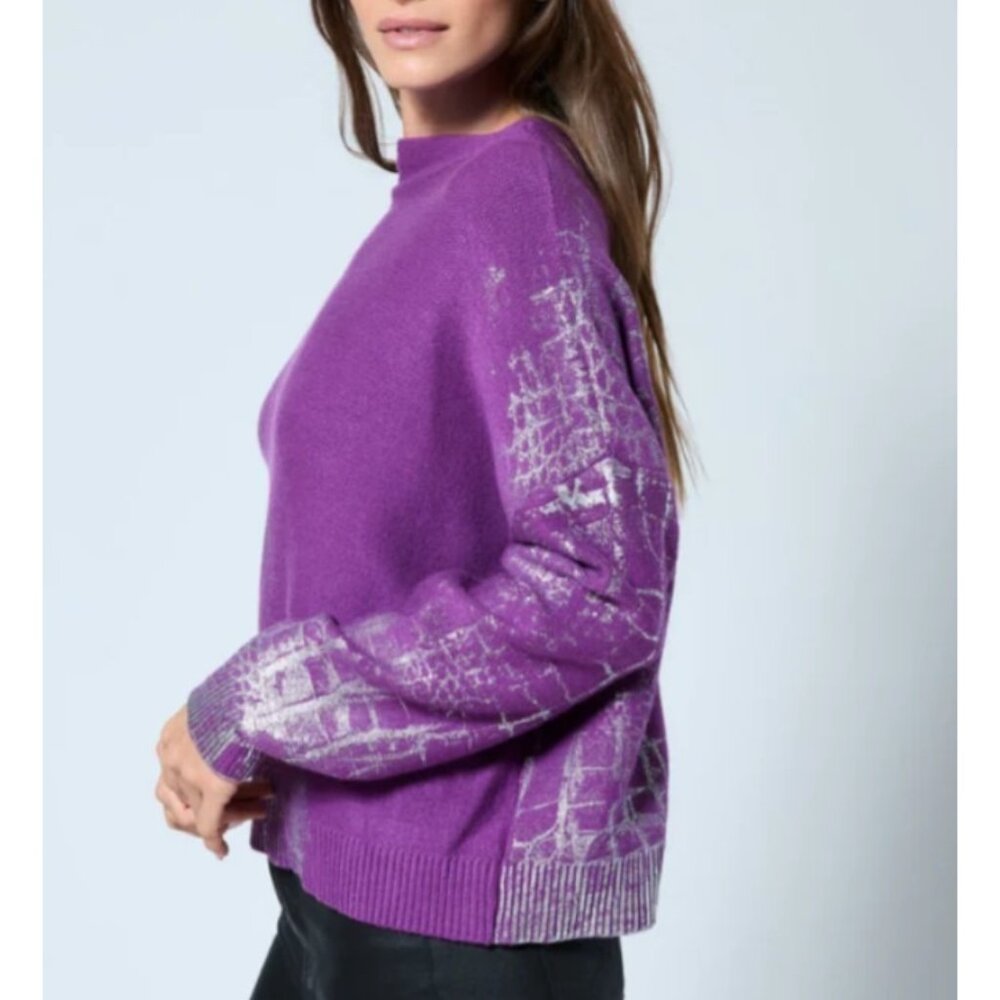 Adrienne Landau Crocodile Foil Print Funnel Neck Sweater Size M - Picture 3 of 6